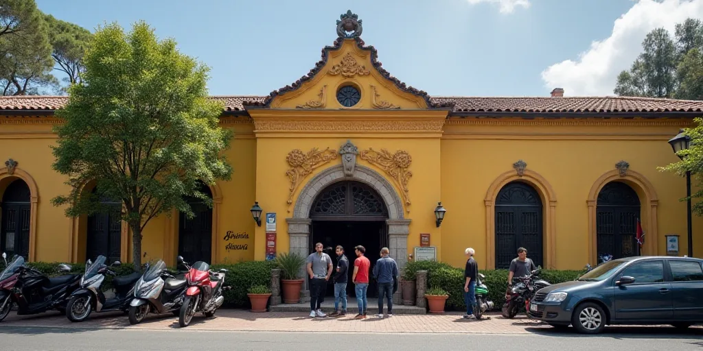 a group of people standing outside of a building with motorcycles parked in front of it and a car pa