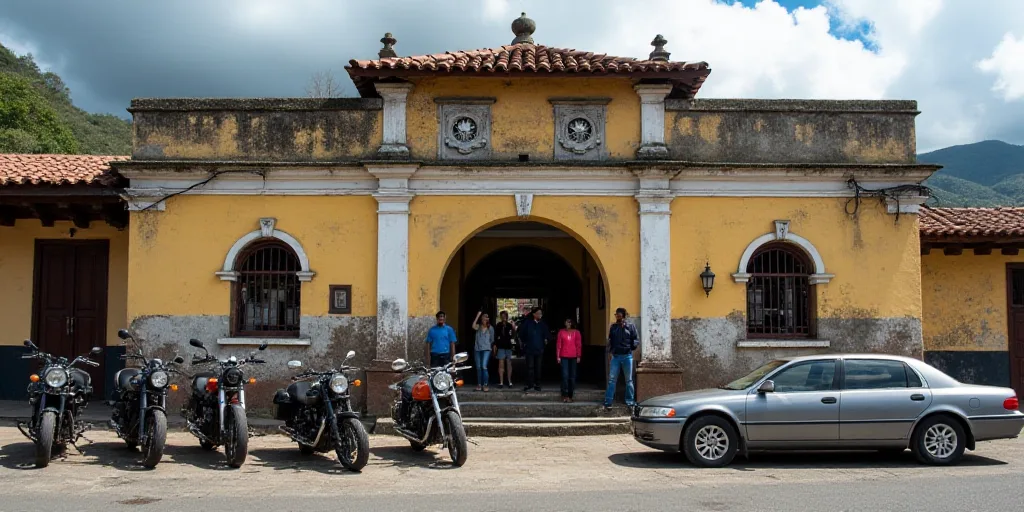 a group of people standing outside of a building with motorcycles parked in front of it and a car pa
