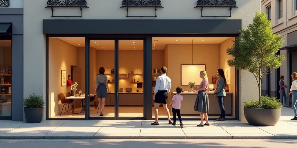 a group of people standing outside of a store front with a man walking by the store front door and a