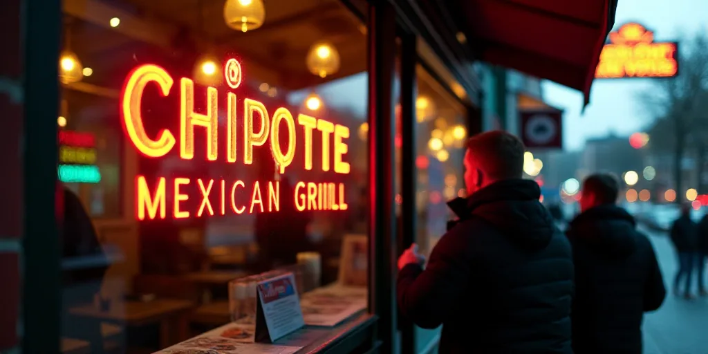 a group of people standing outside of a restaurant window with a sign on it that says chipotte mexic