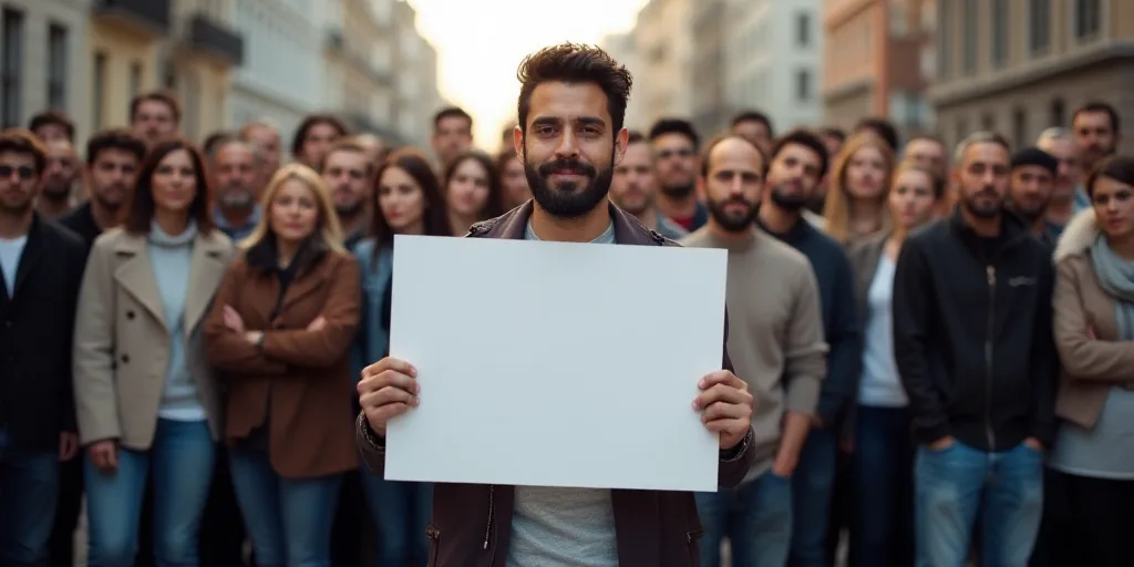 a group of people standing together holding a sign in front of them with a lot of people behind them