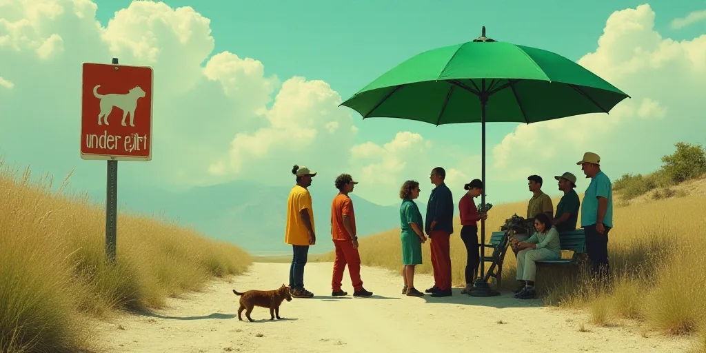 a group of people standing under a green umbrella next to a sign that says under pet on it and a dog