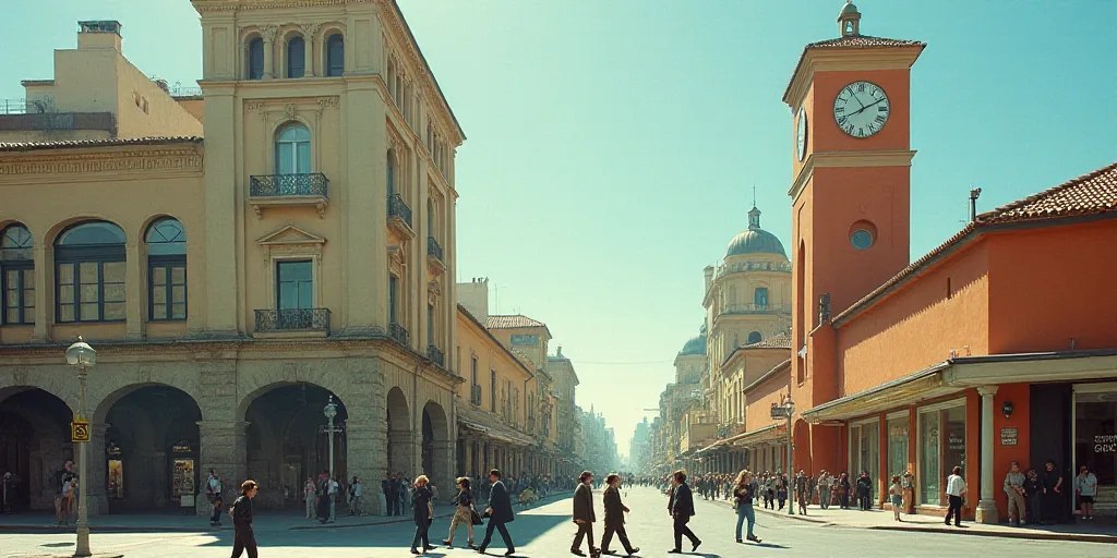 a group of people walking across a street next to a tall building with a clock on it's side, Federic