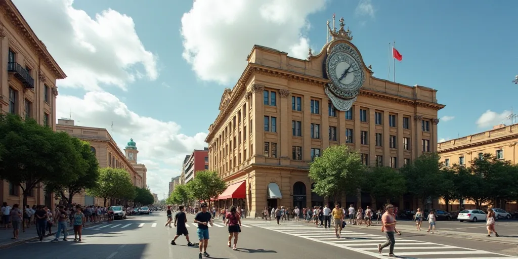 a group of people walking across a street next to a tall building with a clock on it's side, Federic