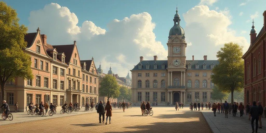 a group of people walking and riding bikes in front of a building with a clock tower on top of it, E