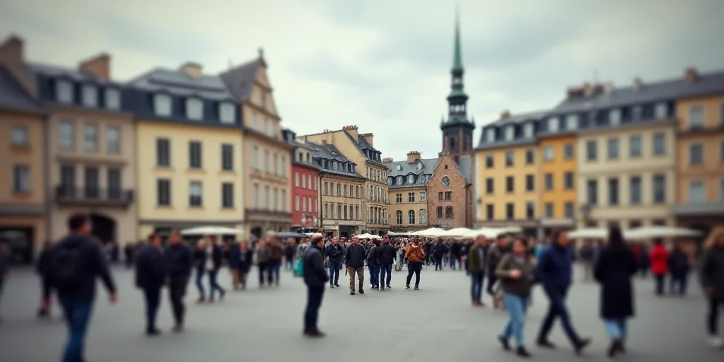 a group of people walking around a city square with a sign that says orleans on it's side, Ceferí O