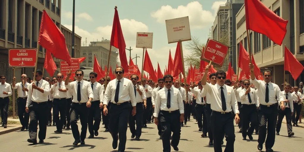 a group of people walking down a street holding flags and signs in the air and wearing white shirts