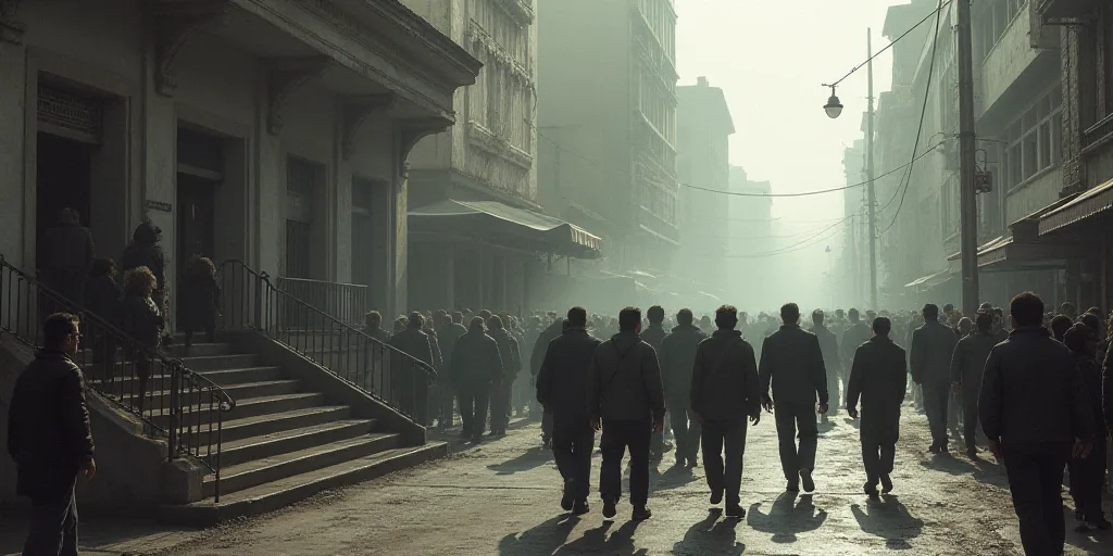 a group of people walking down a street next to a building with a staircase in the background and a