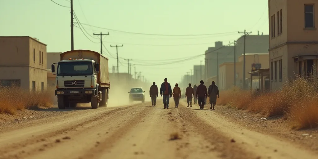 a group of people walking down a dirt road next to a truck and buildings in the background with a tr