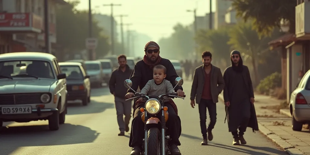 a group of people walking down a street next to a car and a motorcycle with a baby in the back, Abdu