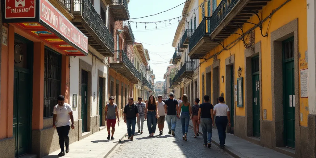 a group of people walking down a street next to a building with a sign on it that says spanish, Arac