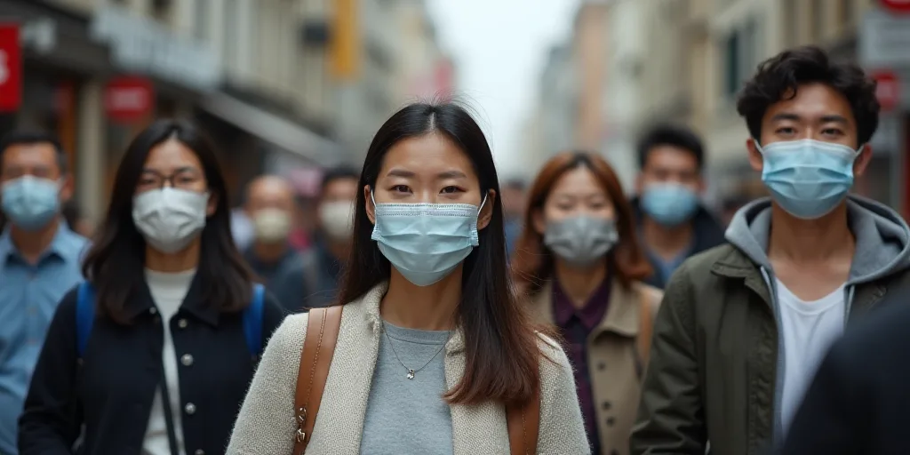 a group of people walking down a street wearing face masks on their faces and looking at the camera