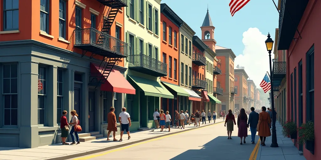 a group of people walking down a sidewalk next to a building with a flag on it and a fire escape, El