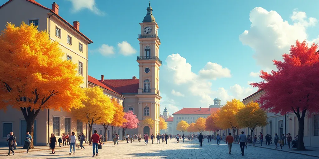 a group of people walking down a street next to a tall building with a clock tower on top of it, Cef