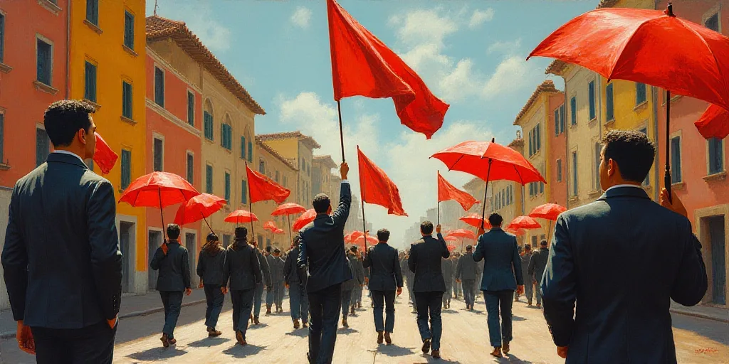 a group of people walking down a street holding flags and umbrellas in the air, with buildings in th