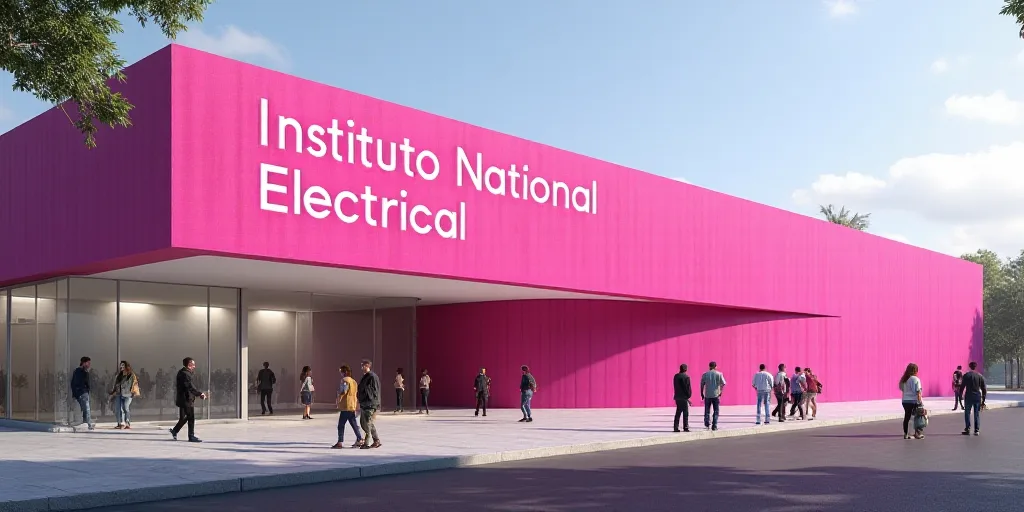 a group of people walking in front of a building with a pink sign on it that says instituto national