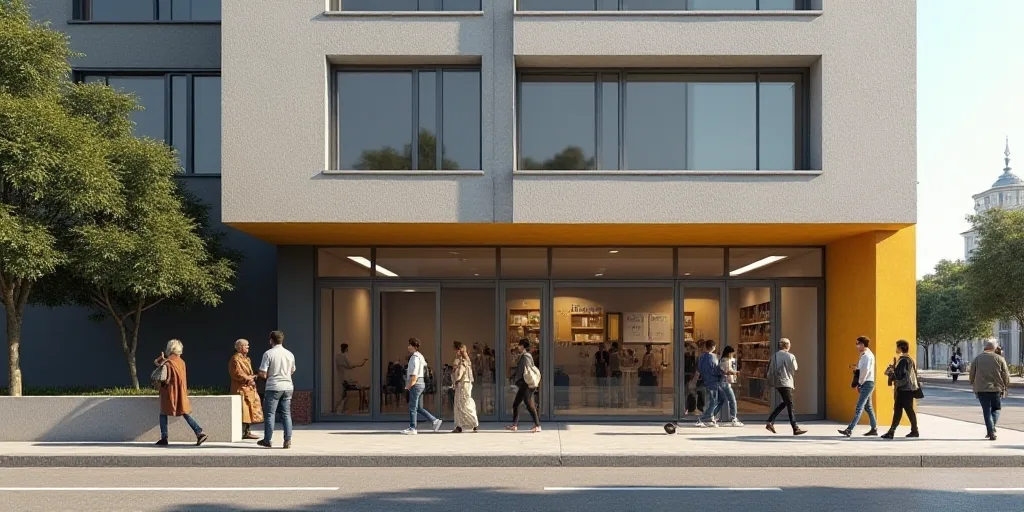 a group of people walking past a building with a sign on it's side that says cia on it, Ceferí Oliv