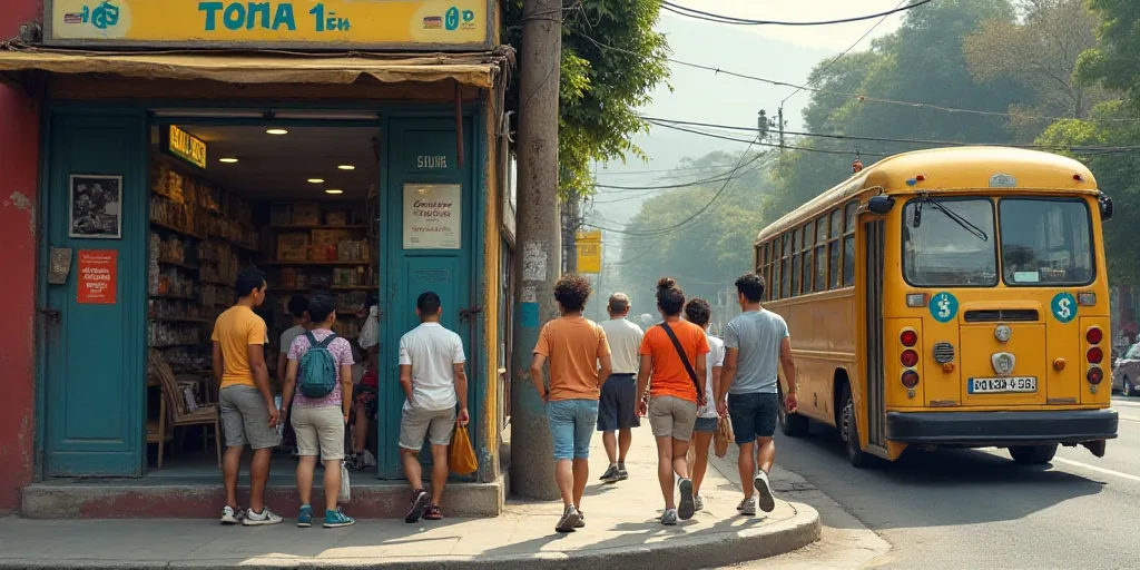 a group of people walking past a store front with a sign that says dollars on it and a bus in the ba