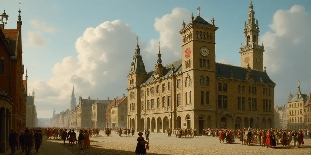 a group of people walking past a tall building with a clock on it's side and a clock on the front of