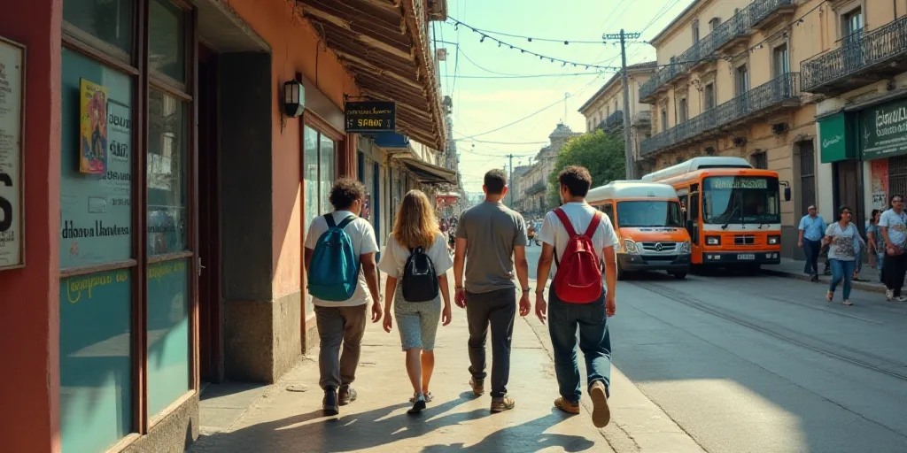 a group of people walking past a store front with a sign that says dollars on it and a bus in the ba