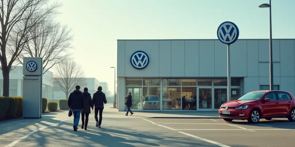 a group of people walking past a volkswagen sign and a building with a volkswagen logo on it's side,