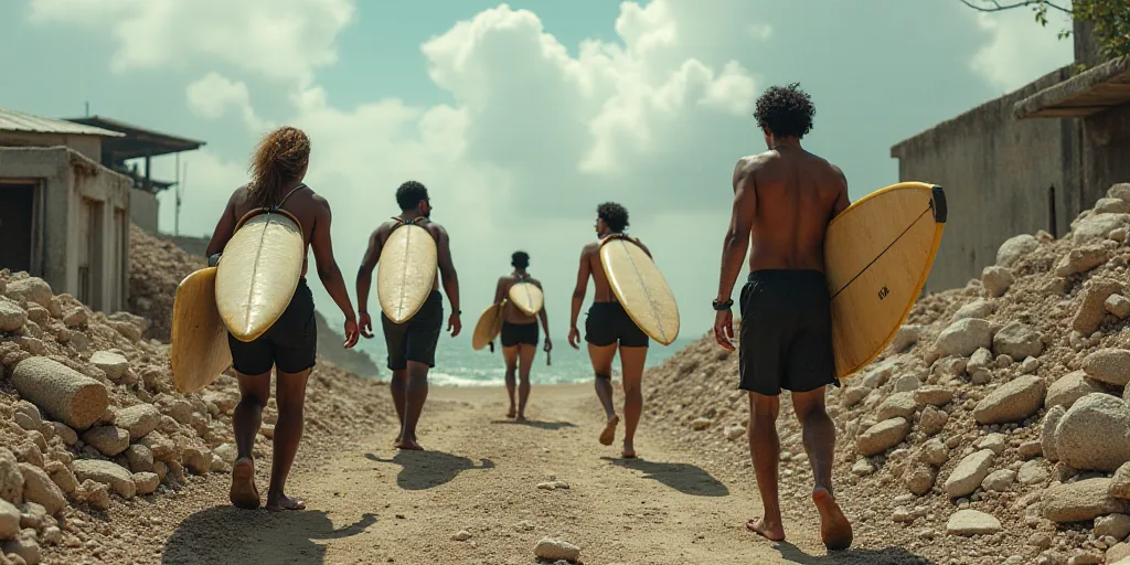 a group of people walking through a rubble covered area with surfboards on their backs and a man car