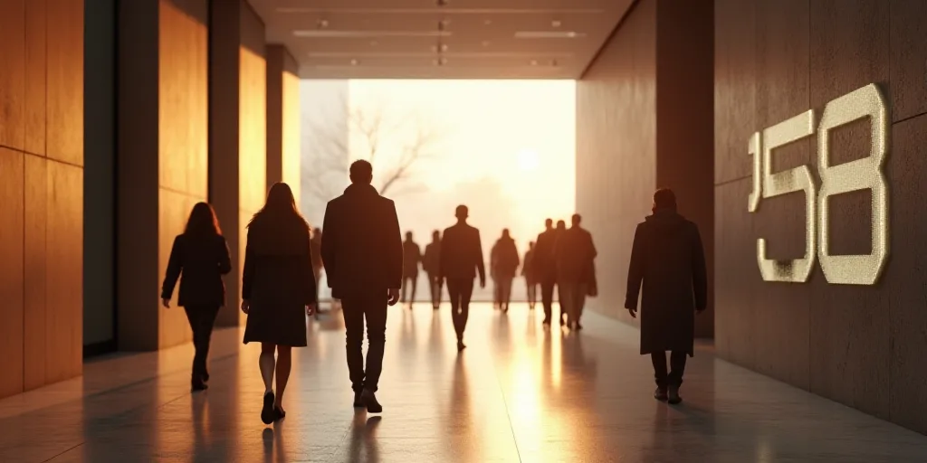 a group of people walking through a lobby next to a wall with a sign that says 5 on it, Ceferí Oliv