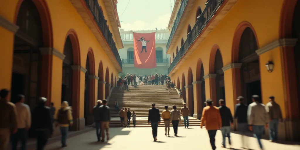 a group of people walking through a market area with a staircase in the middle of it and a flag hang