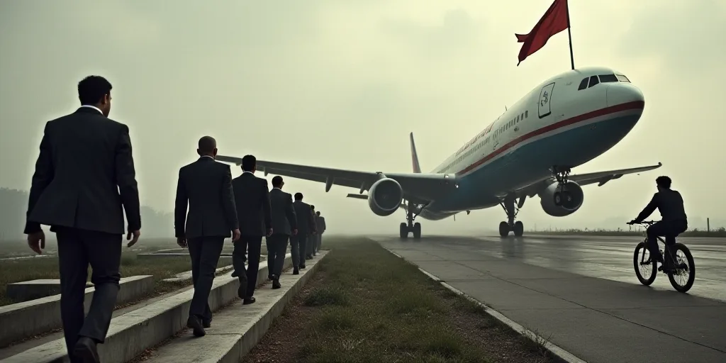 a group of people walking up a flight of stairs to an airplane with a flag on it and a man on a bike
