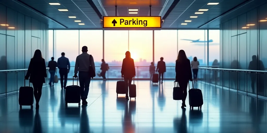 a group of people with luggage walking through an airport terminal with a sign that says parking p6