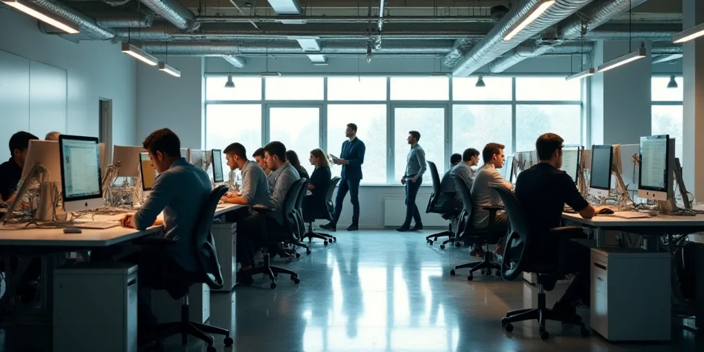 a group of people working at desks in an office setting with computers and people walking around the