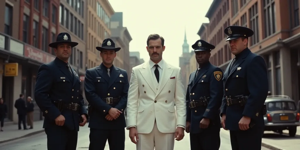 a group of police officers standing around a man in a white suit and blue gloves on a street corner,