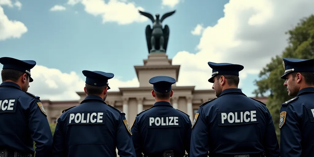 a group of police officers standing in front of a building with a statue of an eagle on it's head, C