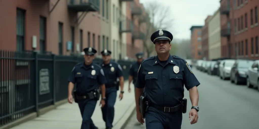 a group of police officers walking down a street next to a fenced in area with a building in the bac