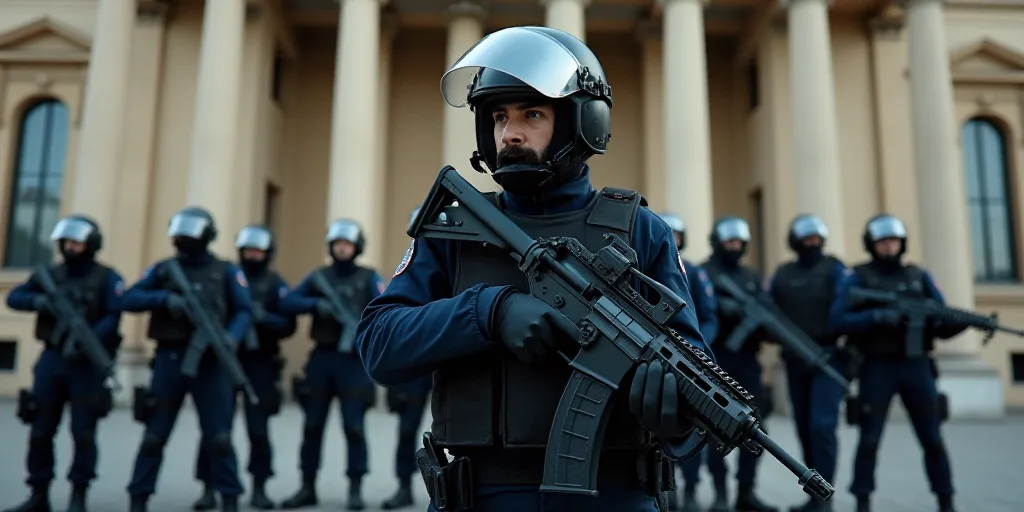 a group of police officers with guns in front of a building with columns and columns on it, with a m
