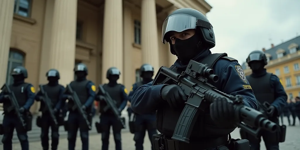 a group of police officers with guns in front of a building with columns and columns on it, with a m