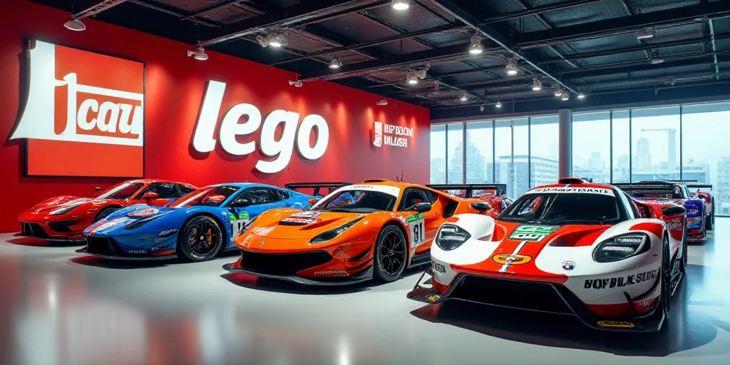 a group of race cars are on display in a building with a large sign behind them that says lego, Dahl