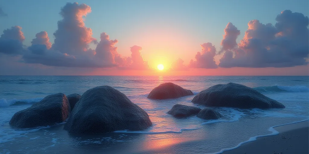a group of rocks in the ocean with a sunset in the background and a blue sky with clouds above, Carl
