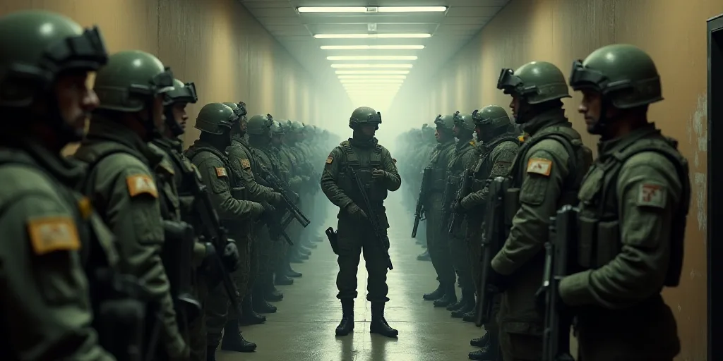 a group of soldiers standing around each other in a building with a gun in hand and another soldier