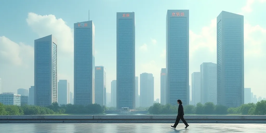 a group of tall buildings with a sky background and a person walking in the foreground of the photo,
