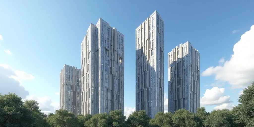 a group of tall buildings with a sky background and clouds in the background, with a blue sky and so