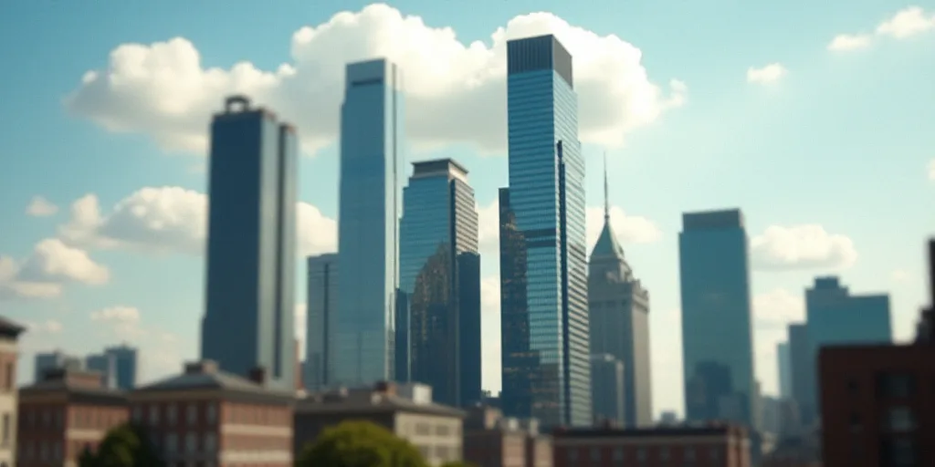 a group of tall buildings with a sky background and a few clouds in the sky above them, with a few b