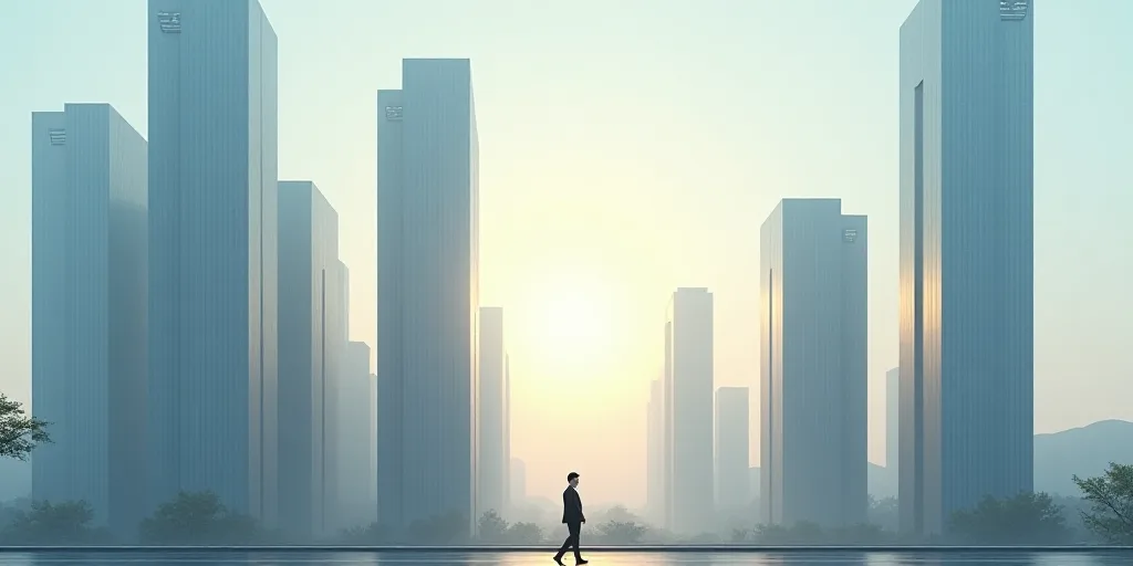 a group of tall buildings with a sky background and a person walking in the foreground of the photo,