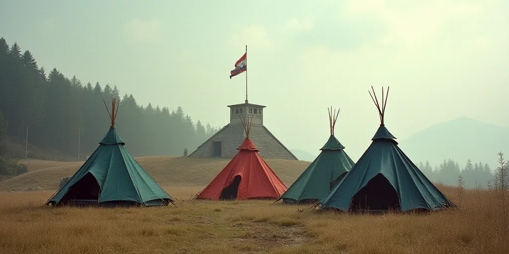 a group of tents set up in front of a building with a flag on top of it and a flagpole in the backgr