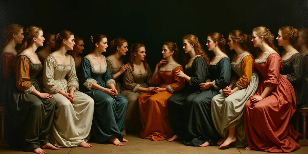 a group of women sitting on top of a stage talking to each other in front of a crowd of people, Art