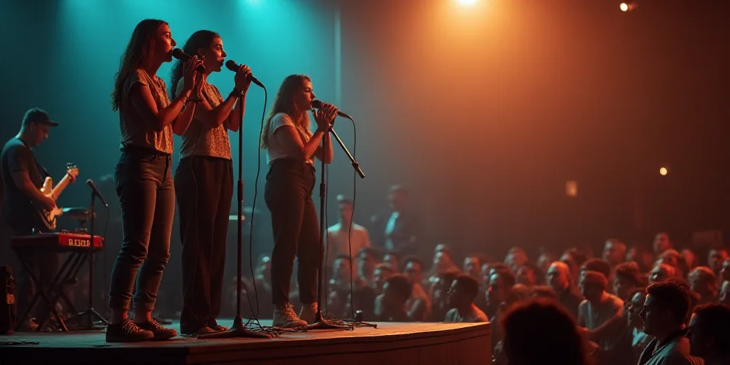a group of women standing on top of a stage holding microphones and singing into microphones in fron