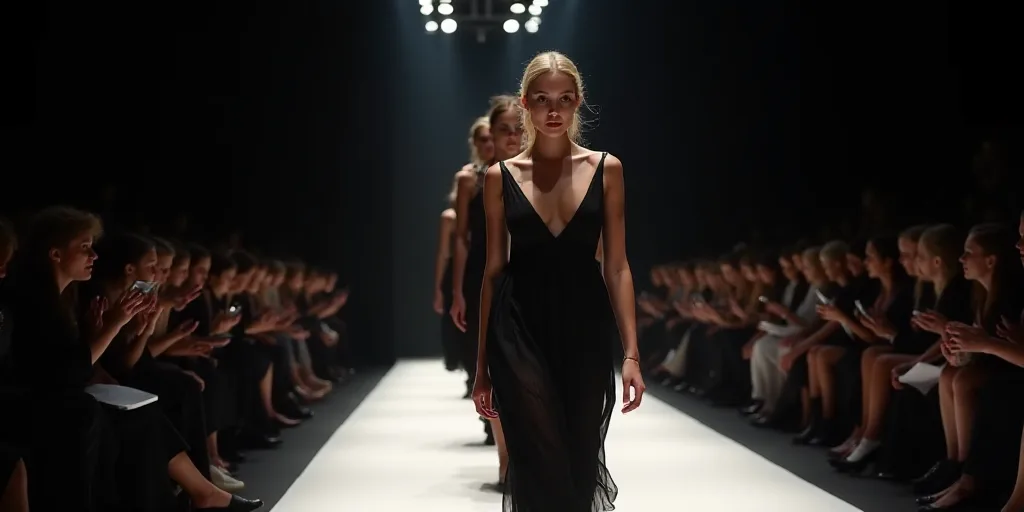 a group of women walking down a runway at a fashion show in a dark room with a crowd of people, Didi