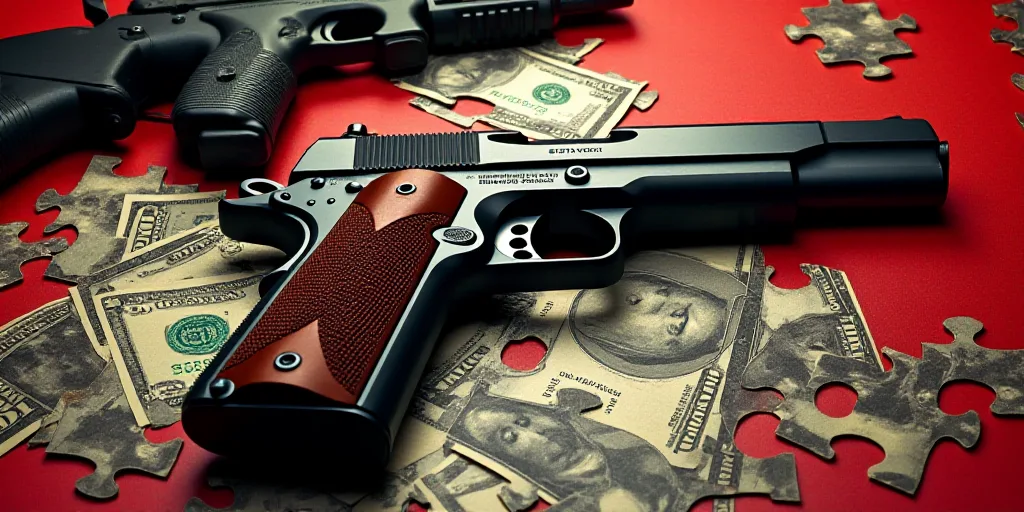a gun and a gun on a table with money and a gun in the background with a red and black collage, Andr