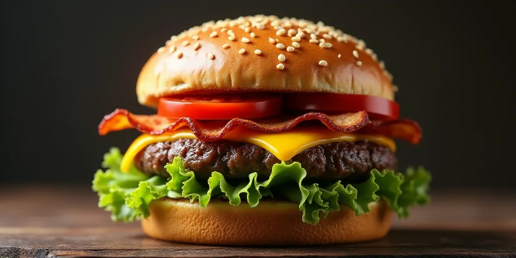a hamburger with cheese, bacon, tomatoes and lettuce on a bun with sesame seeds on top, Bouchta El H