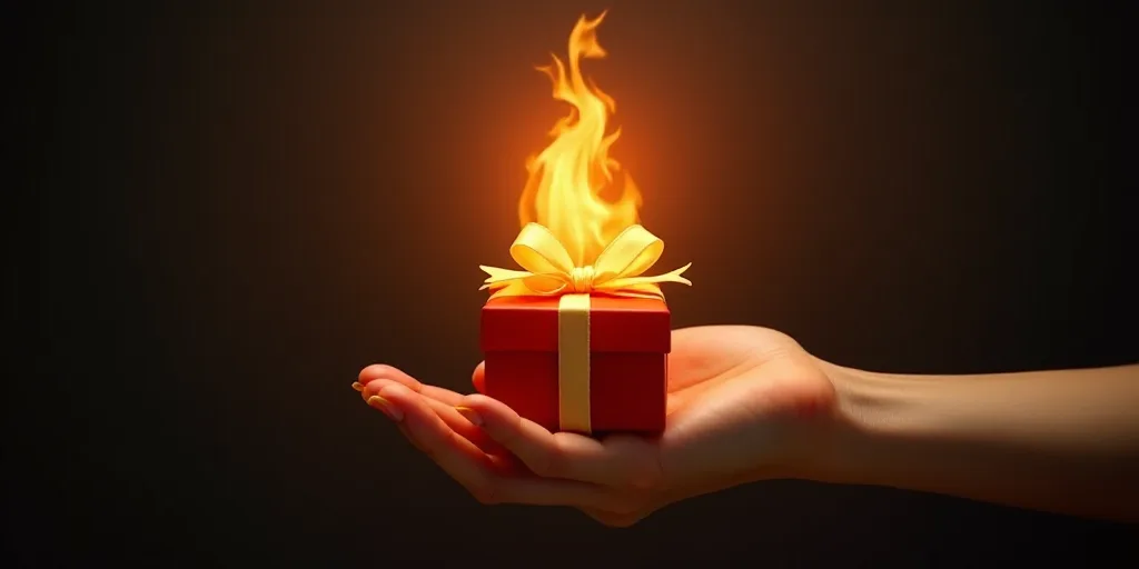 a hand holding a gift with a fire in the background and a sale sign above it that says hot sale, Dav